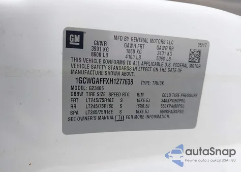 2017 Chevrolet Express 2500 Work Van z USA, uszkodzony, nr VIN 1GCWGAFFXH1277638